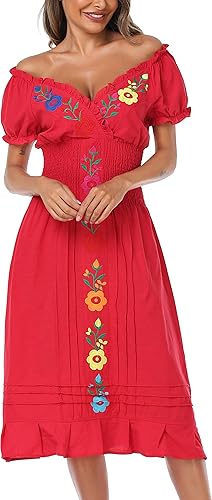 Miniatura 4 de YZXDORWJ Vestido casual bordado mexicano para mujer, cuello en V, mangas cortas