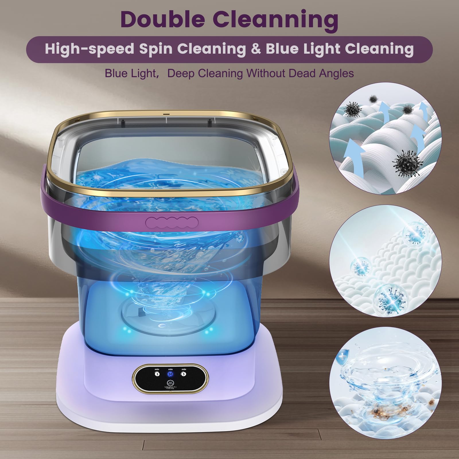 Mini Lavatrice,15L 2 in 1 Lavatrice Portatile con Centrifuga e 3 modalità di pulizia per Piccoli vestiti, Lavatrice da Campeggio Pieghevole per Viaggi, Appartamenti (Viola)