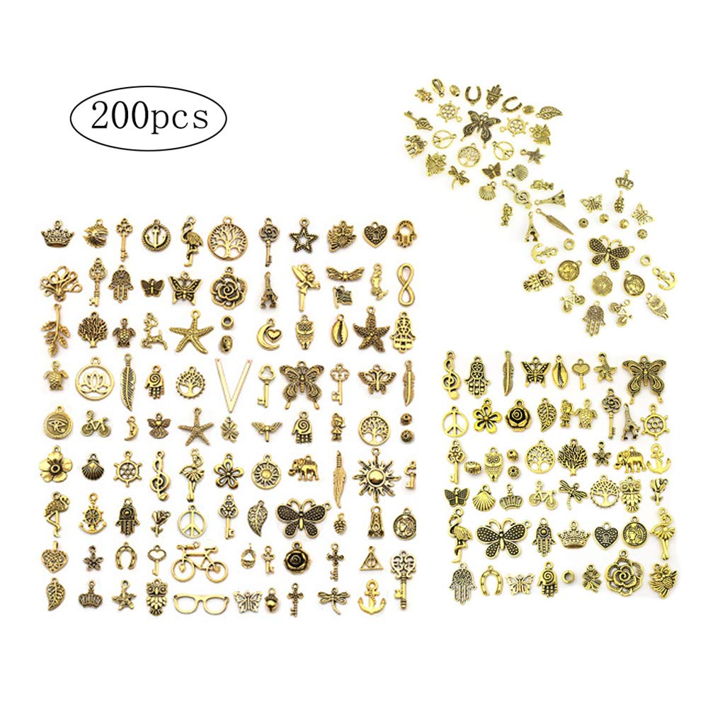 200 Pcs Antique Golden Vintage Charms Set DIY Handmade, for DIY Necklace Bracelet Earrings Jewellery Making Accessories