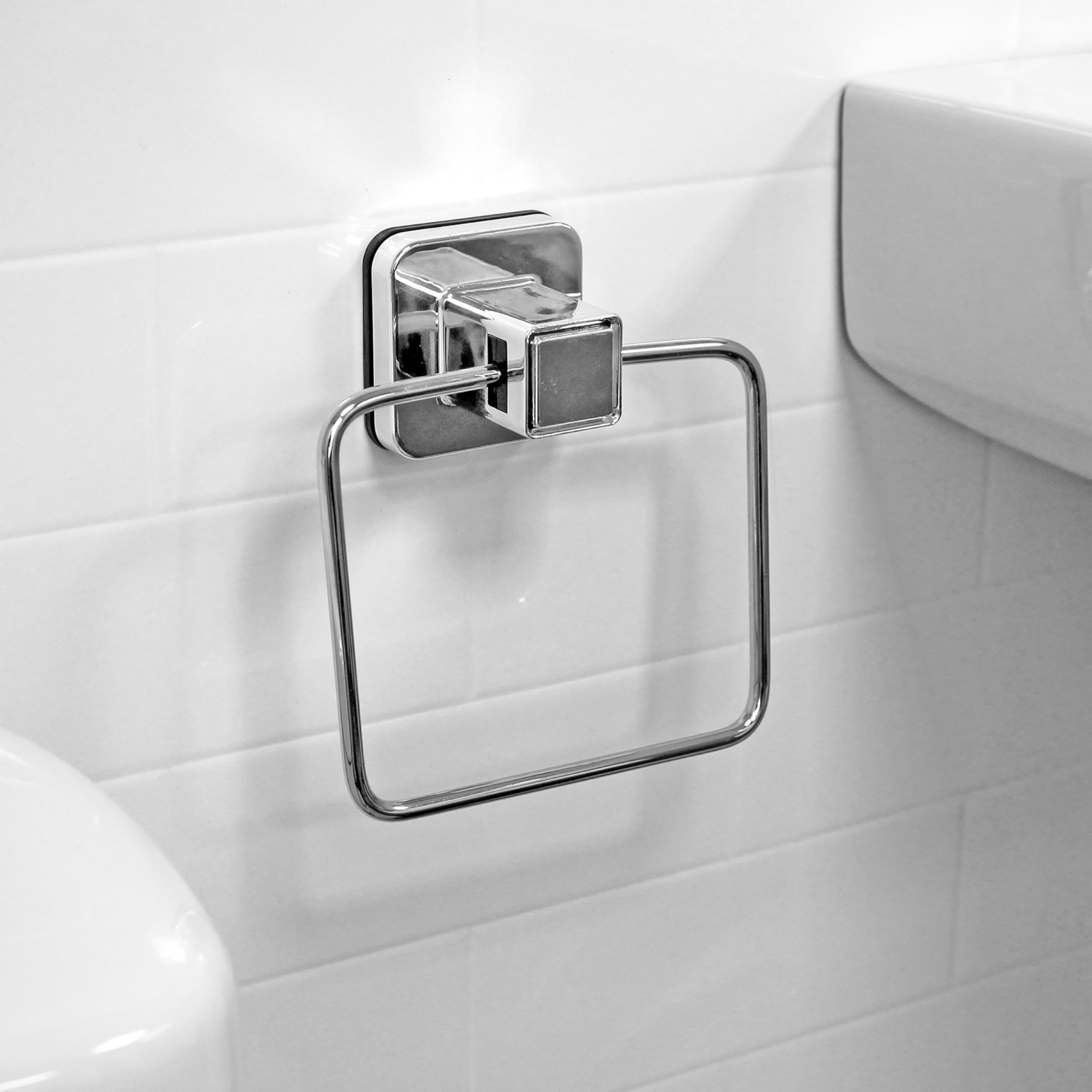 Showerdrape Chrome Pushloc Steel Suction Wall Mounted Towel Ring With Mounting Square