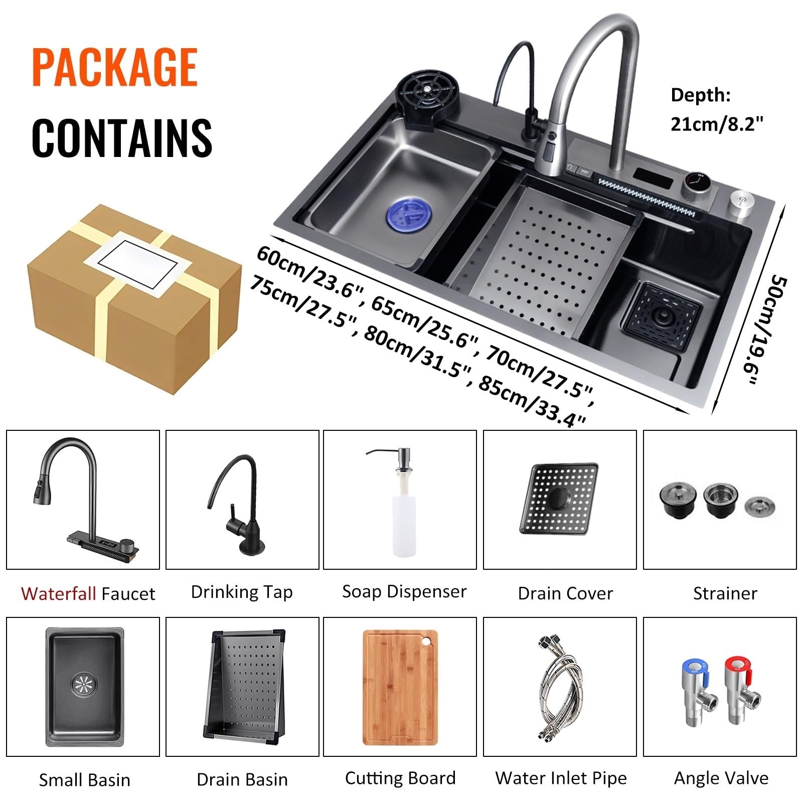 Fregadero de Cocina Grande Tipo Cascada, Fregadero Inteligente con Grifo extraíble, Kit de Lavado de Tazas y desagüe, Fregadero de Acero Inoxidable de un Solo Seno Estilo Granja pa