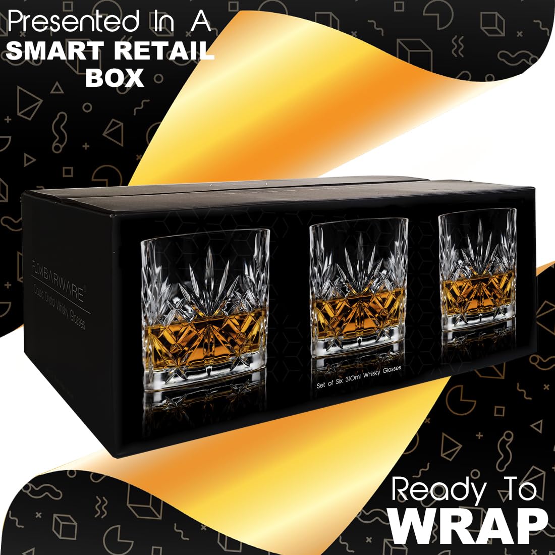 FLOW Barware Set di 6 bicchieri da whisky classici, bicchieri da whisky da 310 ml, set regalo di 6 bicchieri in vetro per rum, scotch, bourbon e bicchieri da acqua