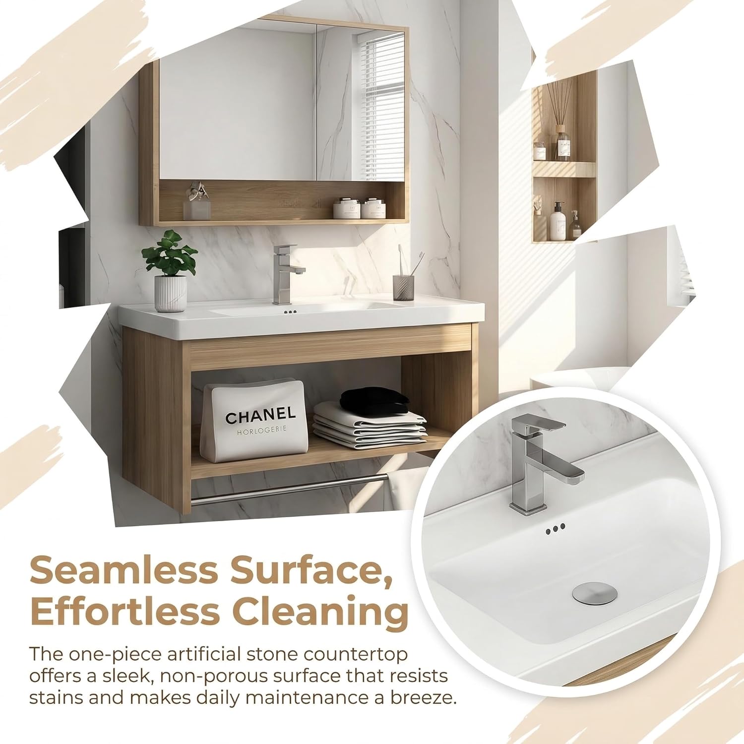 24 Inch Floating Bathroom Vanity with Ceramic Integrated Sink, Wall Mounted Bathroom Vanity with Open Storage Shelf & Towel Bar, Modern Natural Wood Bathroom Cabinet for Small Bathroom