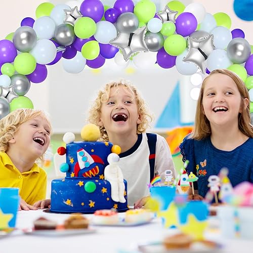 Miniatura 5 de Kit de arco de guirnalda de globos de fiesta de cumpleaños de 134 piezas, 10 globos de látex morado, verde, plateado y blanco con globo de papel de