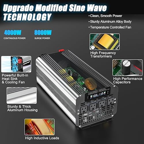 Miniatura 3 de Inversor de corriente de 4000 W, inversor de automóvil de 12 V CC a 110 V120 V CA con pantalla LCD, 4 salidas de CA, puerto USB y control remoto