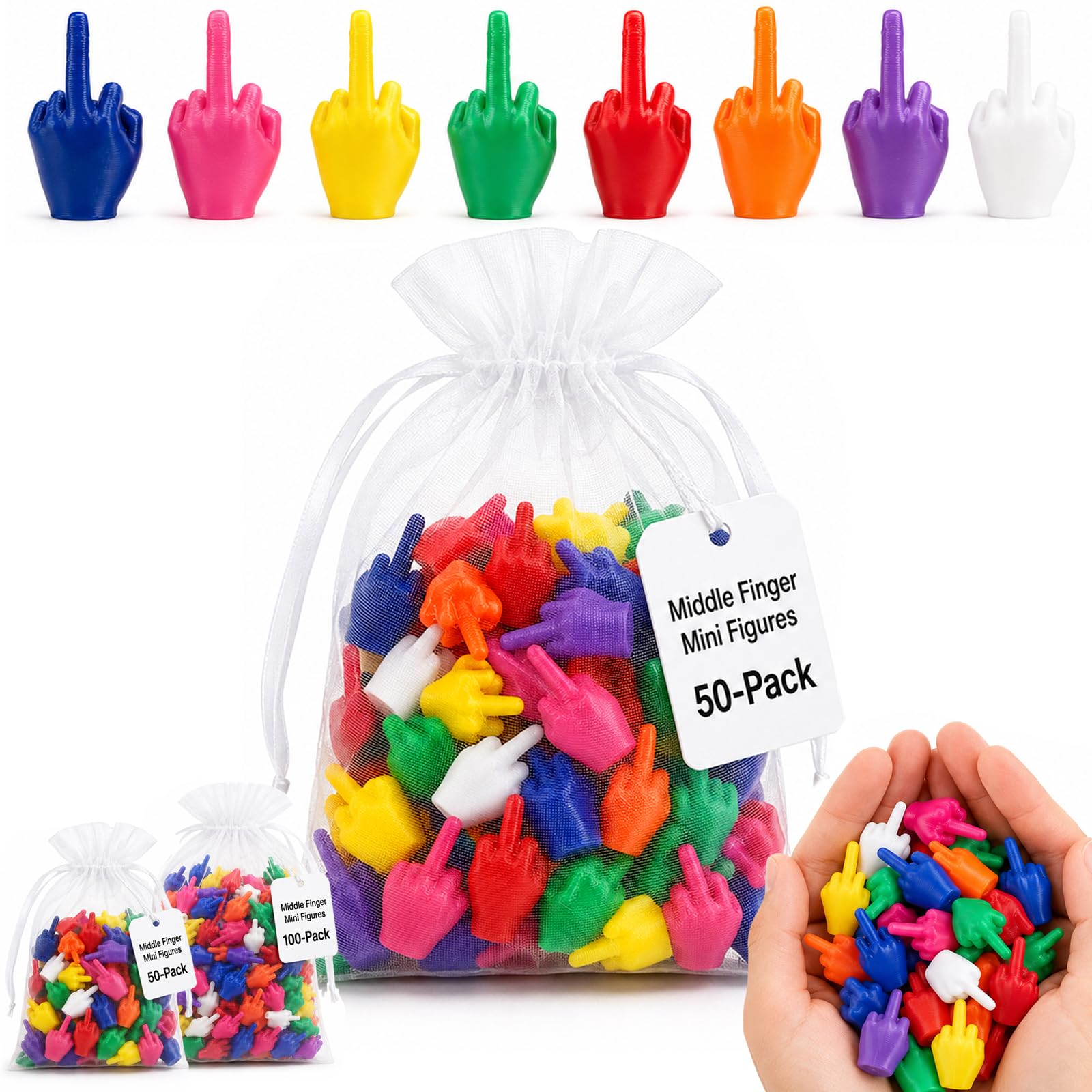 50Pack Mini Middle Fingers, Colorful Tiny Finger Hands Novelty Gag Gifts, 3D Printed Flipping the Bird Funny Office Home Decor, Party Prank Favors Christmas Stocking Stuffers White Elephant Adults