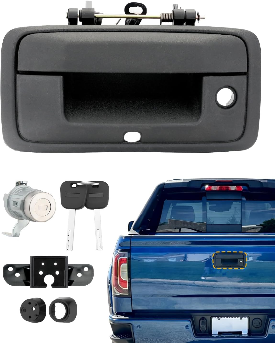 Metal Tailgate Handle w/ Lock Cylinder & Keys, Compatible with 2016-2019 Chevy Silverado & GMC Sierra 1500 2500 3500 HD, Exterior Rear Tail Gate Liftgate Latch Kit with Key & Camera Hole, OE# 23487215