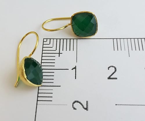 Miniatura 9 de Cushion Cut Green Onyx Gold Plated Sterling Silver Drop Dangle Earrings - Handmade Jewelry Gift Ideas for Women - Birthday Valentine's Mother's Day