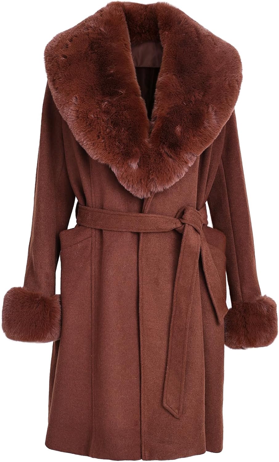 Womens Fur Trench Coat Elegant Jacket Warm Long Fall Winter Overcoat With Fur Collar & Belt