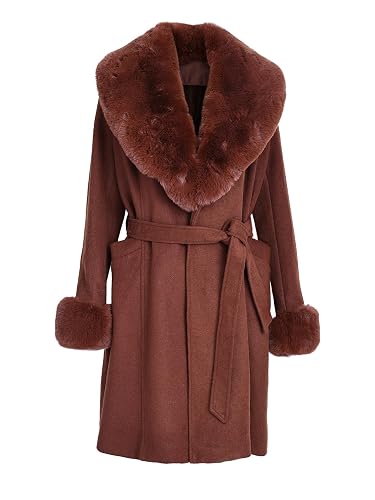 Women's Mid-Long Wool Blend Trench Coat Faux Fur Shawl Collar