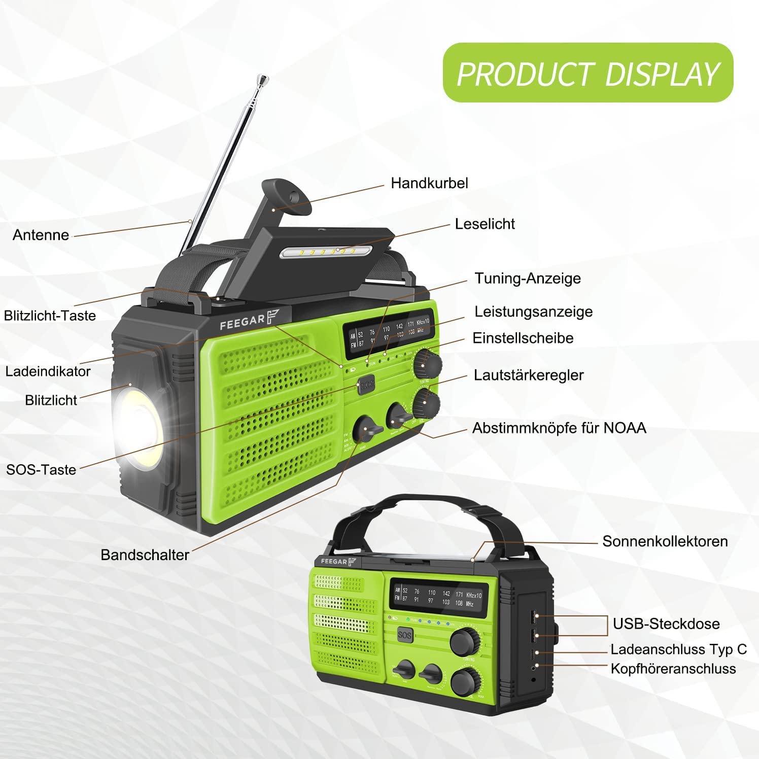 Feegar Oze 3 Pro Tragbar Solar Kurbelradio Notfall Handkurbel Wetter Radio mit AM/FM, 8000mAh Hand kurbel Notfall Radio Taschenlampen Bewegungssensor Leseleuchte USB Handy-Lader, SOS-Alarm Camping