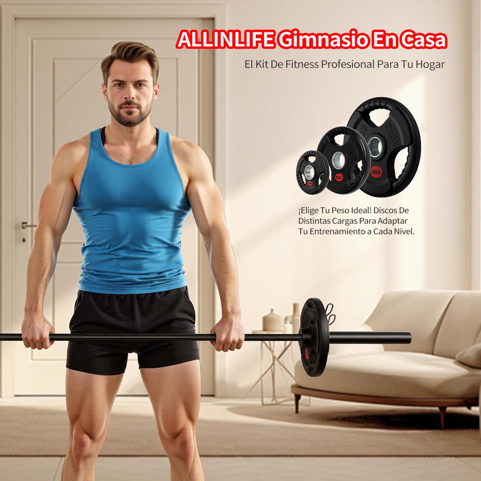 ALLINLIFE Barra Olímpica Ø50mm Recta de 1.5m, 1.8m y 2.2m Compatibles con Discos de Ø50mm - Barra de Halterofilia para Gimnasio con Cierres de Resorte