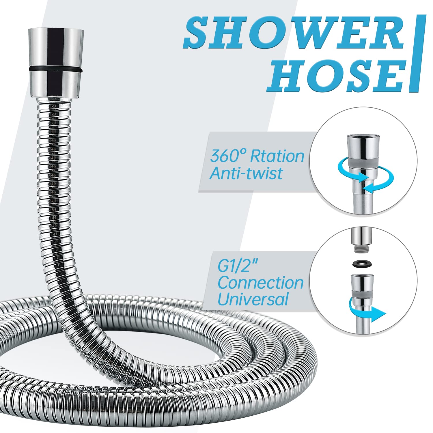 Manguera de ducha flexible de acero inoxidable de 1,5 m, manguera de ducha anti-torsión antiarrugas, accesorios de latón, conectores universales G1/2",