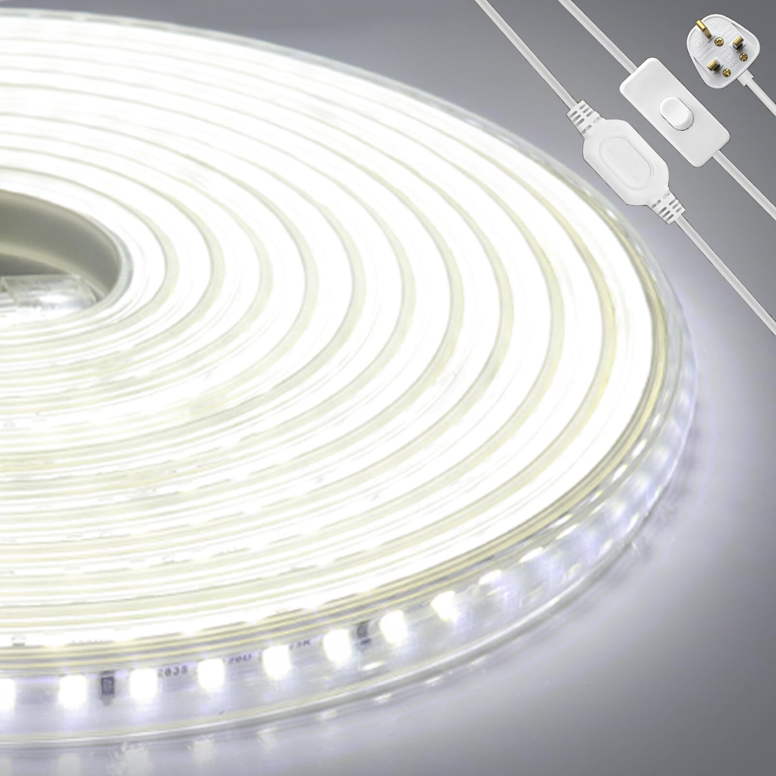 KAFULA 220V LED Light Strip with Switch, IP65 Waterproof and Flexible, 120 LEDs/m 3m White Light 6000K Super Bright LED Fairy Light CRI90+, can be Cut Every 20cm, Home Lighting