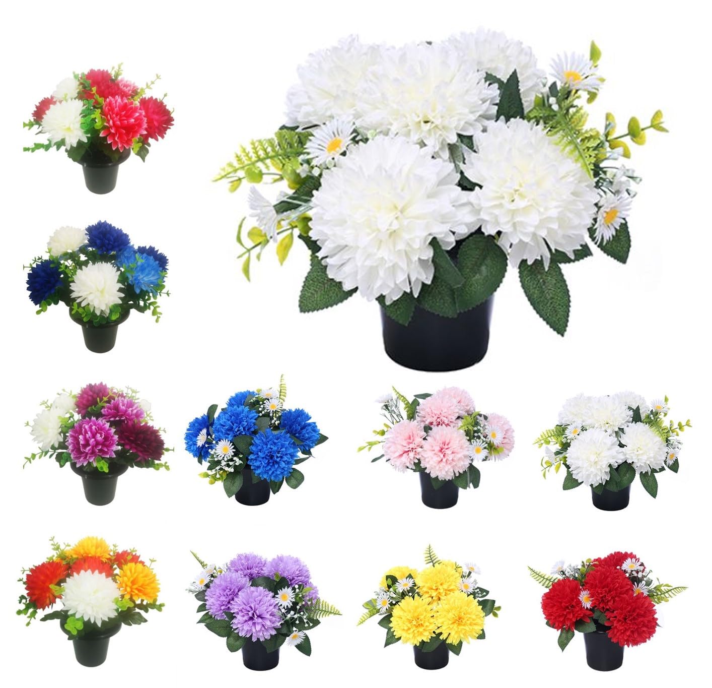 Chrysanthemum & Daisy Grave Flower Pots | Artificial Flowers For Graves | Cemetery Funeral & Floral Decorations | Grave Flowers | Long Lasting Design & Quality (White Chrysanthemum & Daisy)