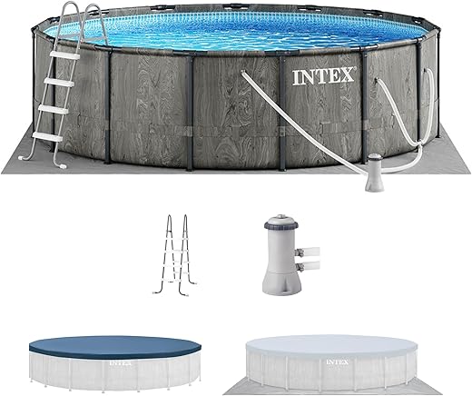 Intex Greywood Prism Frame 15' x 48" Round Above Ground Outdoor Swimming Pool Set with 1000 GPH Filter Pump, Ladder, Ground Cloth, and Pool Cover