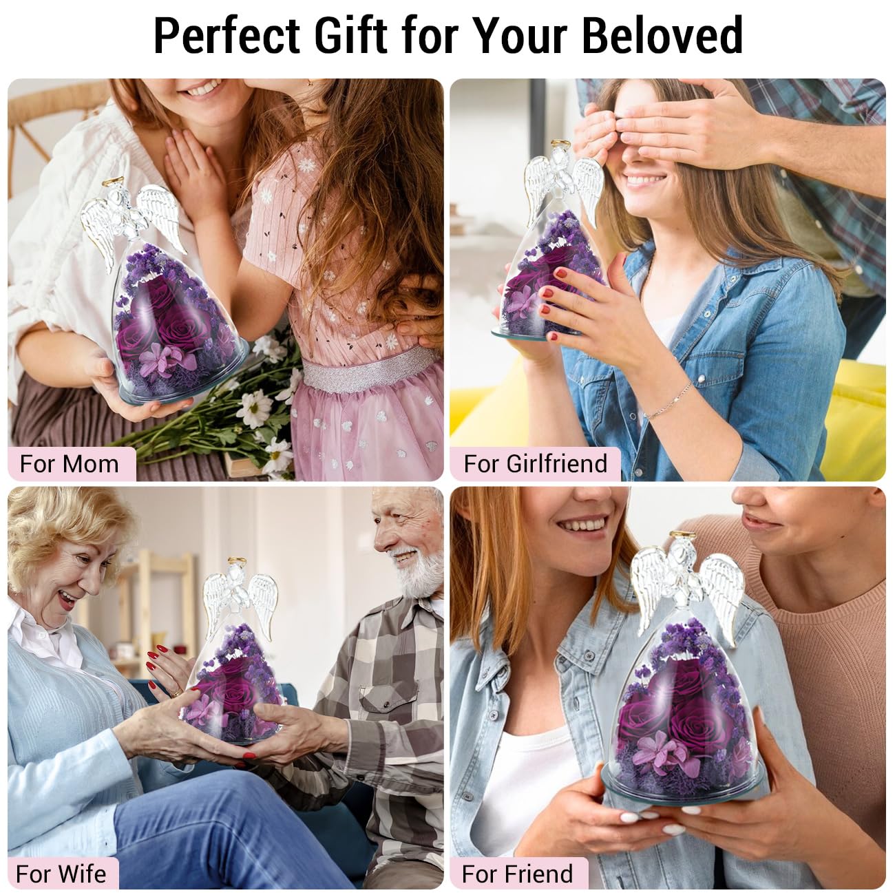 Emibele Preserved Rose Glass Angel Figurines Gifts for Mom Grandma, Purple