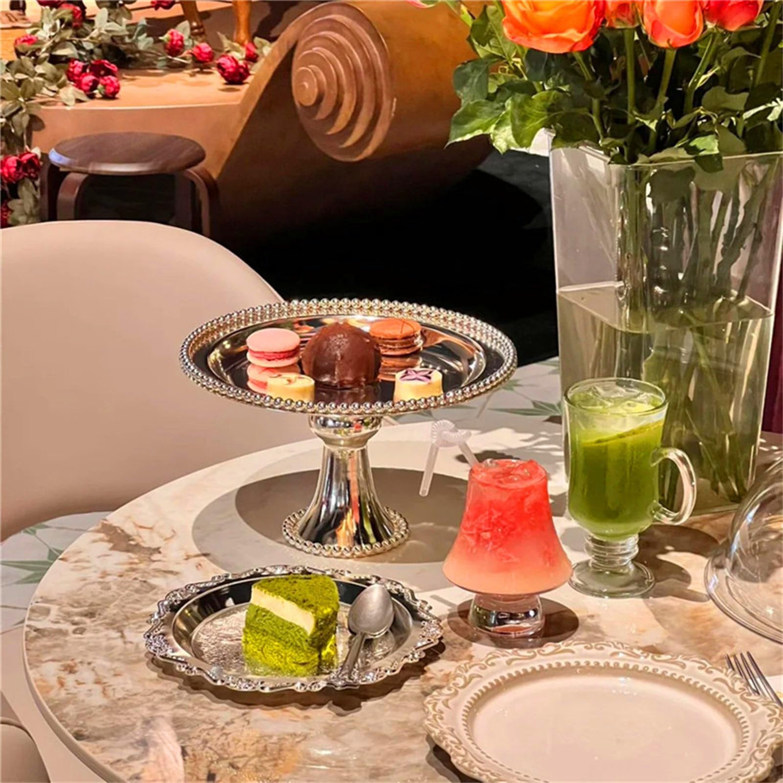 Soporte redondo para tartas de acero inoxidable 304 para pasteles, frutas, nueces, bandeja de postre de metal con bordes redondeados, elegante bandeja para servir dulces