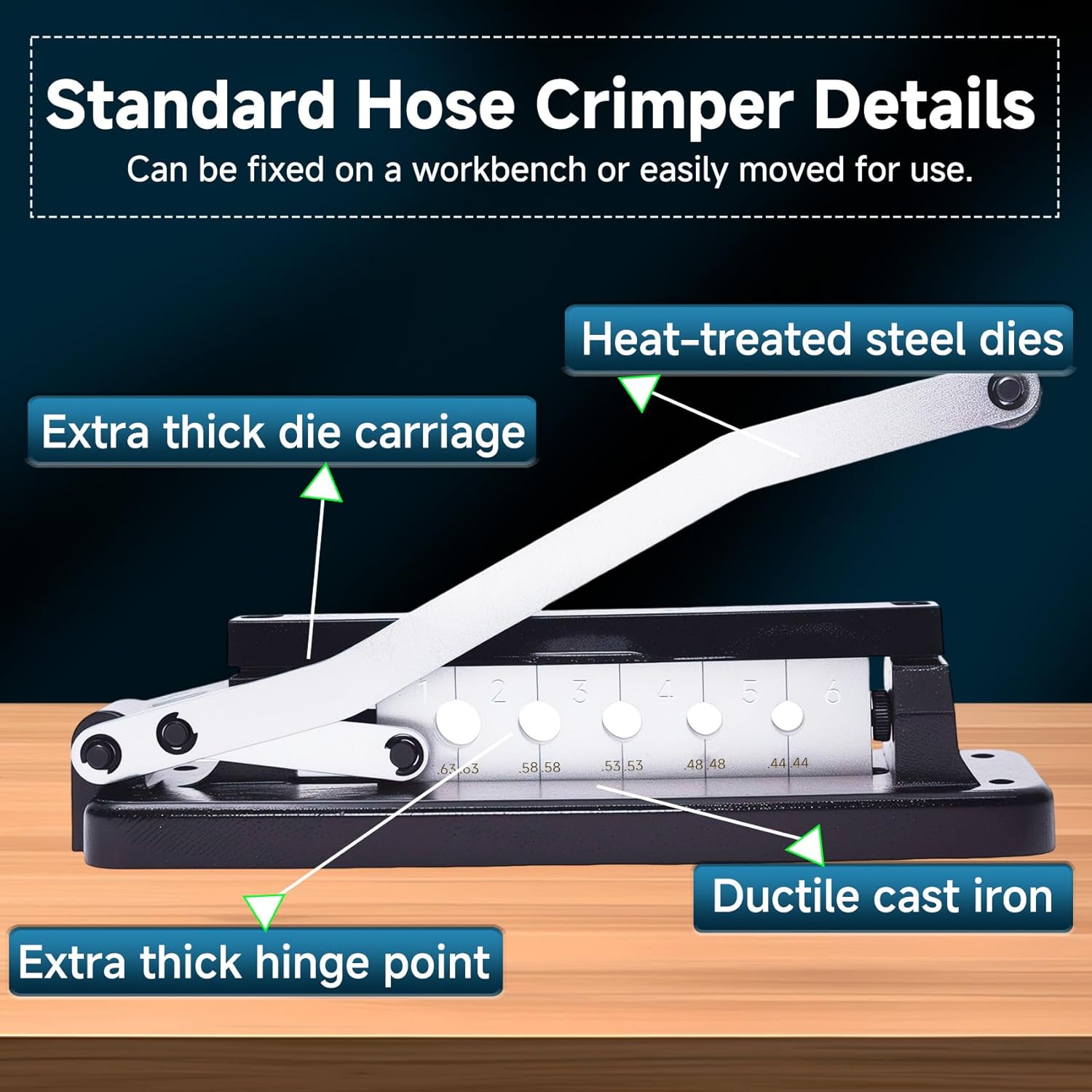 Hose Crimper Kit, Heavy Duty Ferrule Crimping Tool with 100 Brass Ferrules, Air Hose Crimping Tool for 1/4", 5/16", 3/8" Hose, 5 Die Sizes 0.44"-0.63"