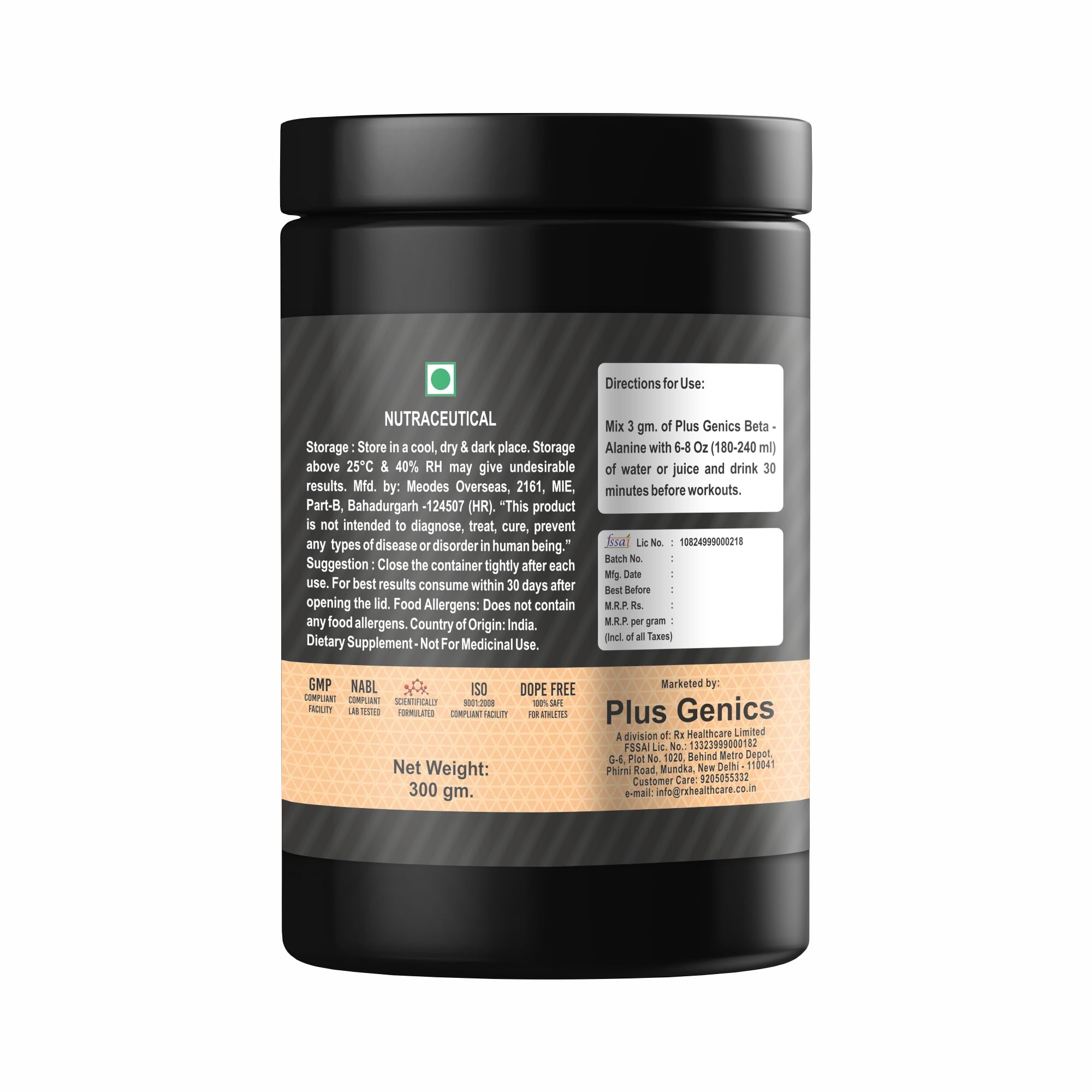 Plus Genics Beta Alanine Powder – 300g | Muscle Growth & Tissue Repair | Boosts Muscular Endurance, Strength & Performance - Pack of 1 1