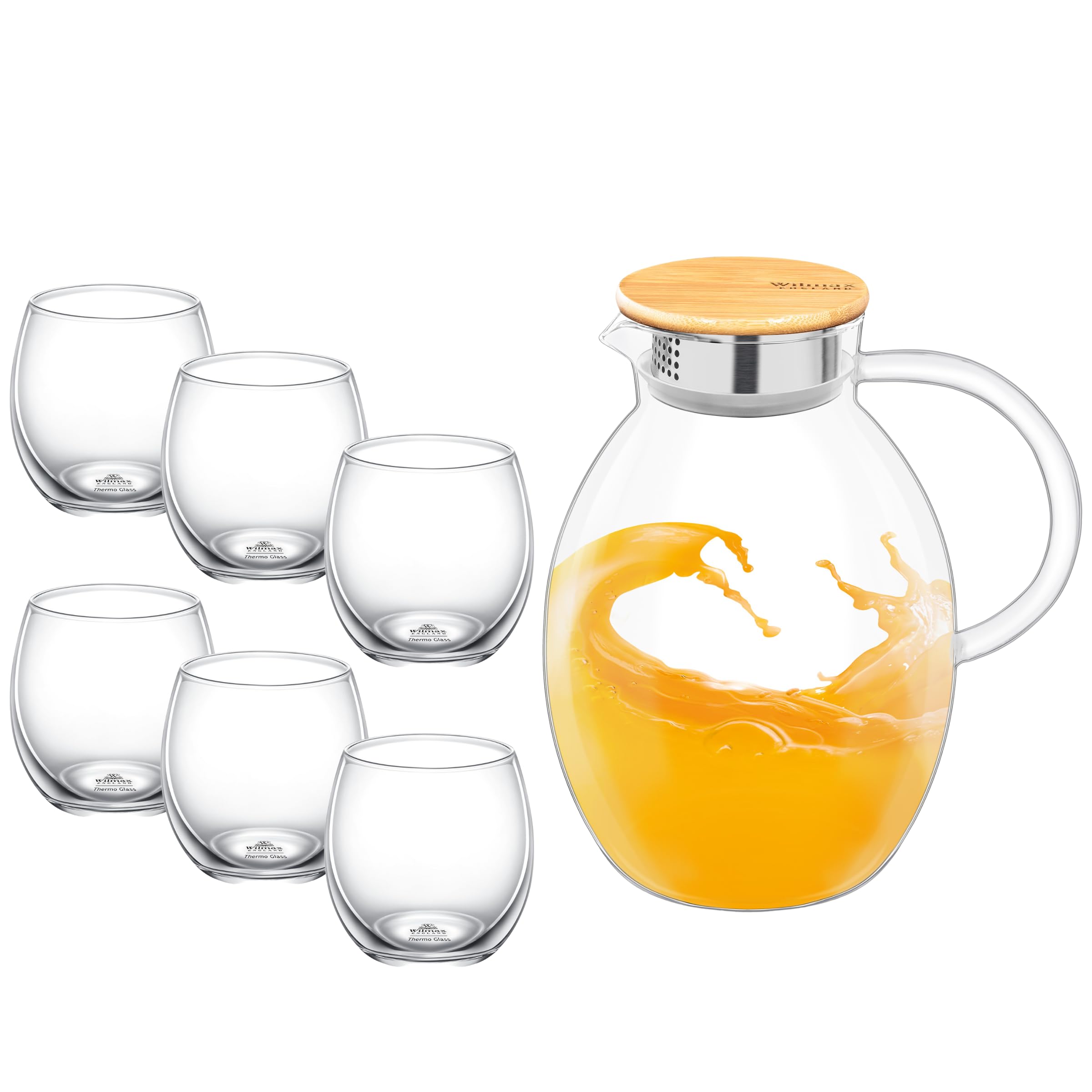 Wilmax Glaskrug 2,4L mit 6 Wassergläser 530ml im Set | Getränkeset | Wasserkrug für Saft, Wasser, Eistee, Milch | Glaskaraffe | Wasserkanne | Spülmaschinenfest | Glaskanne | Transparent
