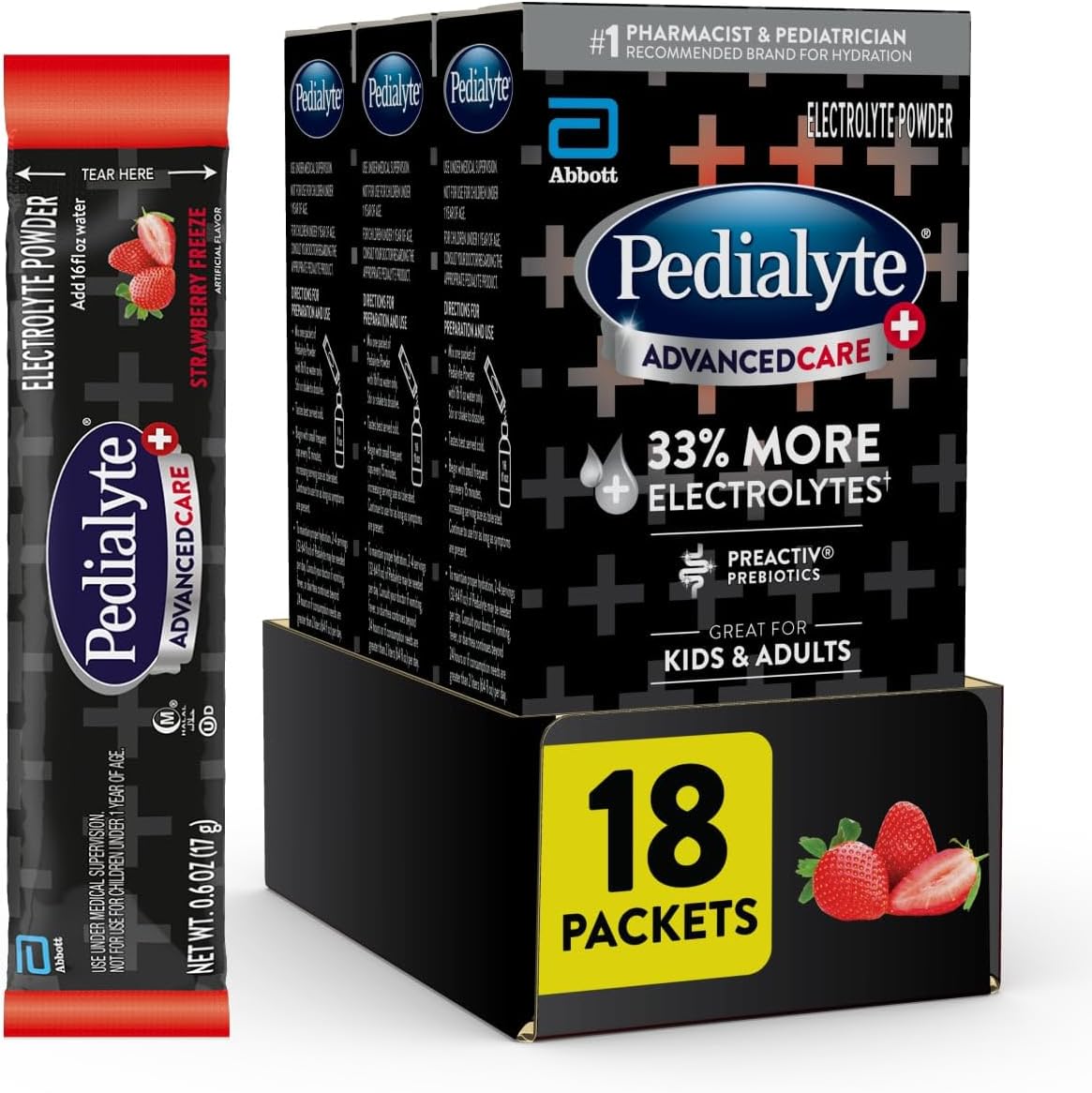 Pedialyte AdvancedCare Plus Electrolyte Powder, Has 33% More Electrolytes and PreActiv Prebiotics, Strawberry Freeze, 18 Powder Packet