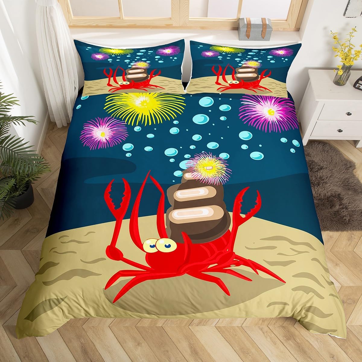 Feelyou Kids Cute Crab Bedding Set Cartoon Hermit Crab Comforter Cover for Boys Girls Ocean Marine Theme Duvet Cover Breathable Sea Underwater Animal Bedspread Cover Room Decor Quilt Cover Twin Size
