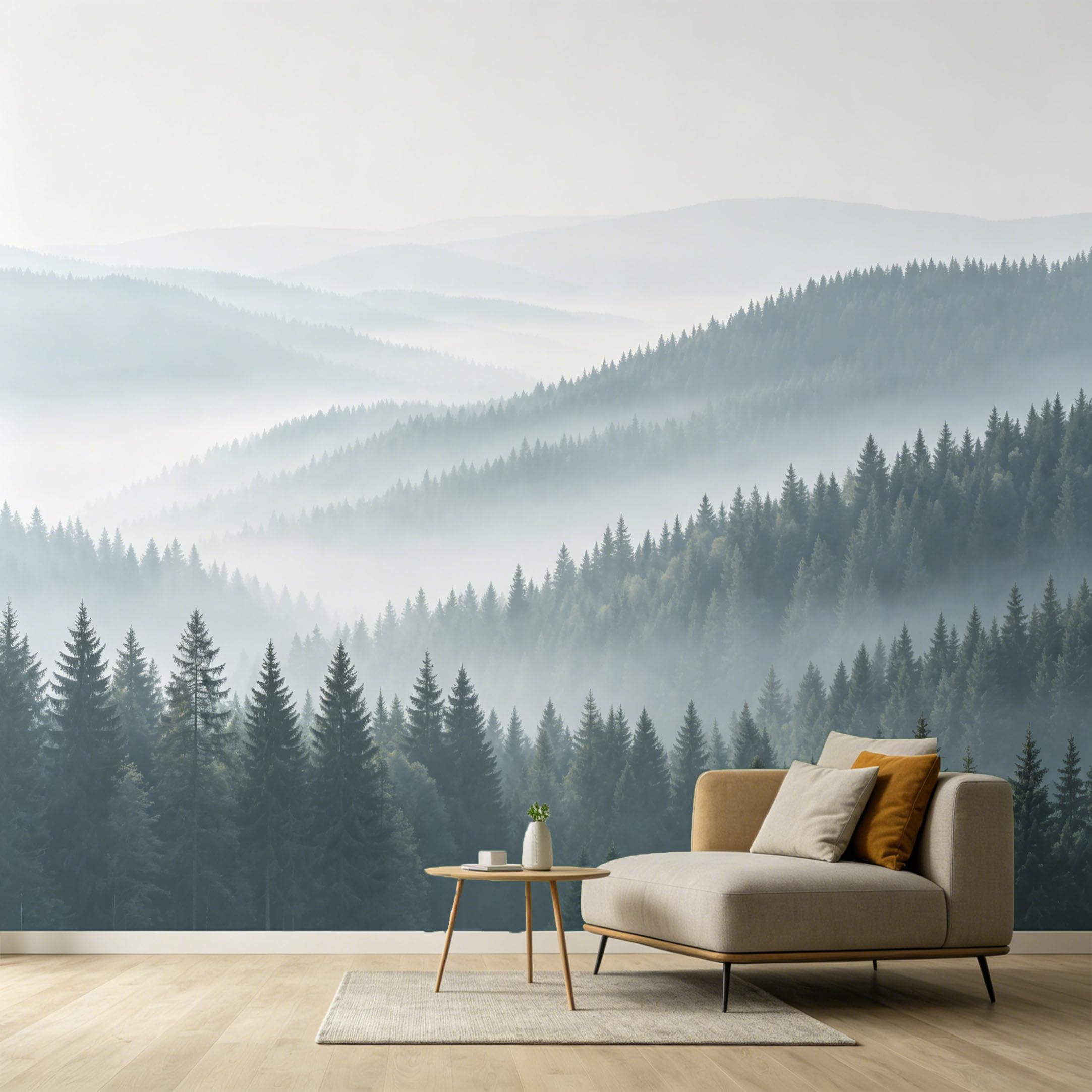 Custom Size Wall Murals Misty Forest Landscape Modern Minimalist Pine Trees Foggy Mountain Range SelfAdhesive Wall Fabric Removable Large Wallpaper for Photo Living Room
