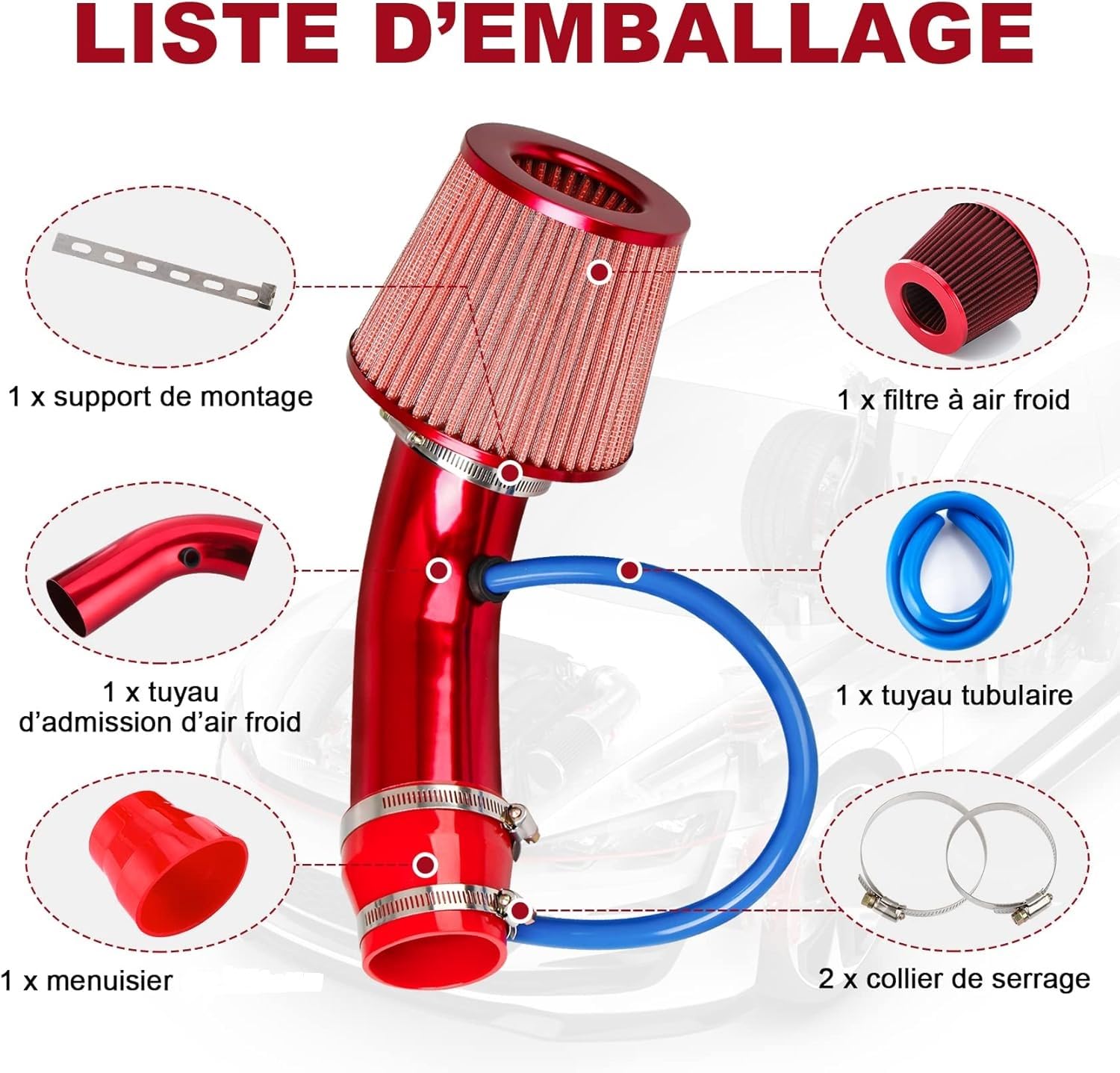 Pindex Kit Admission Direct Filtre a Air Sport Voiture Filtre D'admission D'air Froid Tuyau Diamètre 76mm Système D'admission D'air en Fibre de avec Tuyau - Rouge