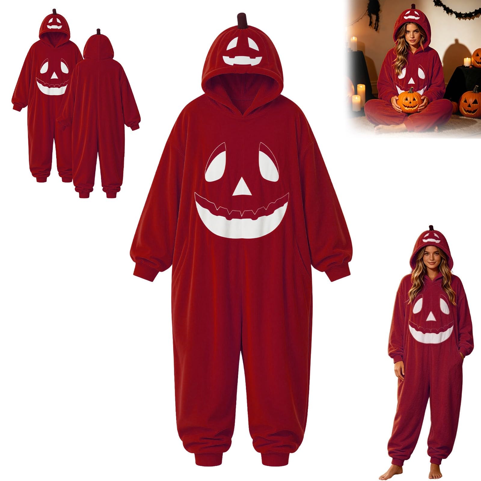 Genérico Pijama Unisex de Felpa para Adultos, Pumpkin Adult Onesie, Disfraz de Mono de una Pieza para Halloween, Traje de Cosplay para Mujeres y Hombres, Unisex, Cosplay, Ropa para Estar por casa