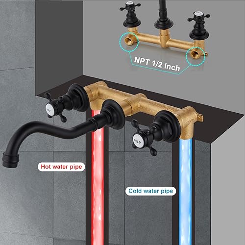 Miniatura 2 de Midanya Grifo de fregadero de baño extendido para montaje en pared, 3 agujeros, 2 pomos cruzados, latón lavabo mezclador, boquilla mezcladora, doble