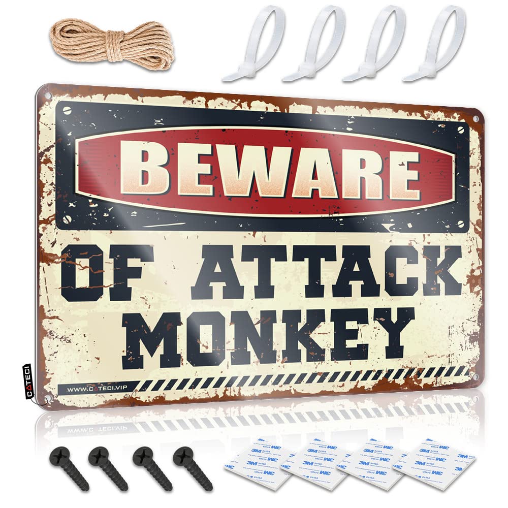 IBWNBBUSN Tin Signs For Man Cave Beware Of Attack Monkey Tin Sign Tin Sign For Man Cave Desk Signs For Office Funny