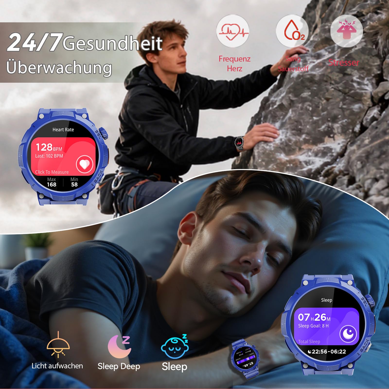 Smartwatch Uomo Militare GPS, Orologio Smartwatch Uomo,Batteria 1000 mAh | 1.53" con Chiamate Bluetooth, 100+ Modalità Sportive, Monitoraggio Sonno e Cardiofrequenzimetro per IOS/Android