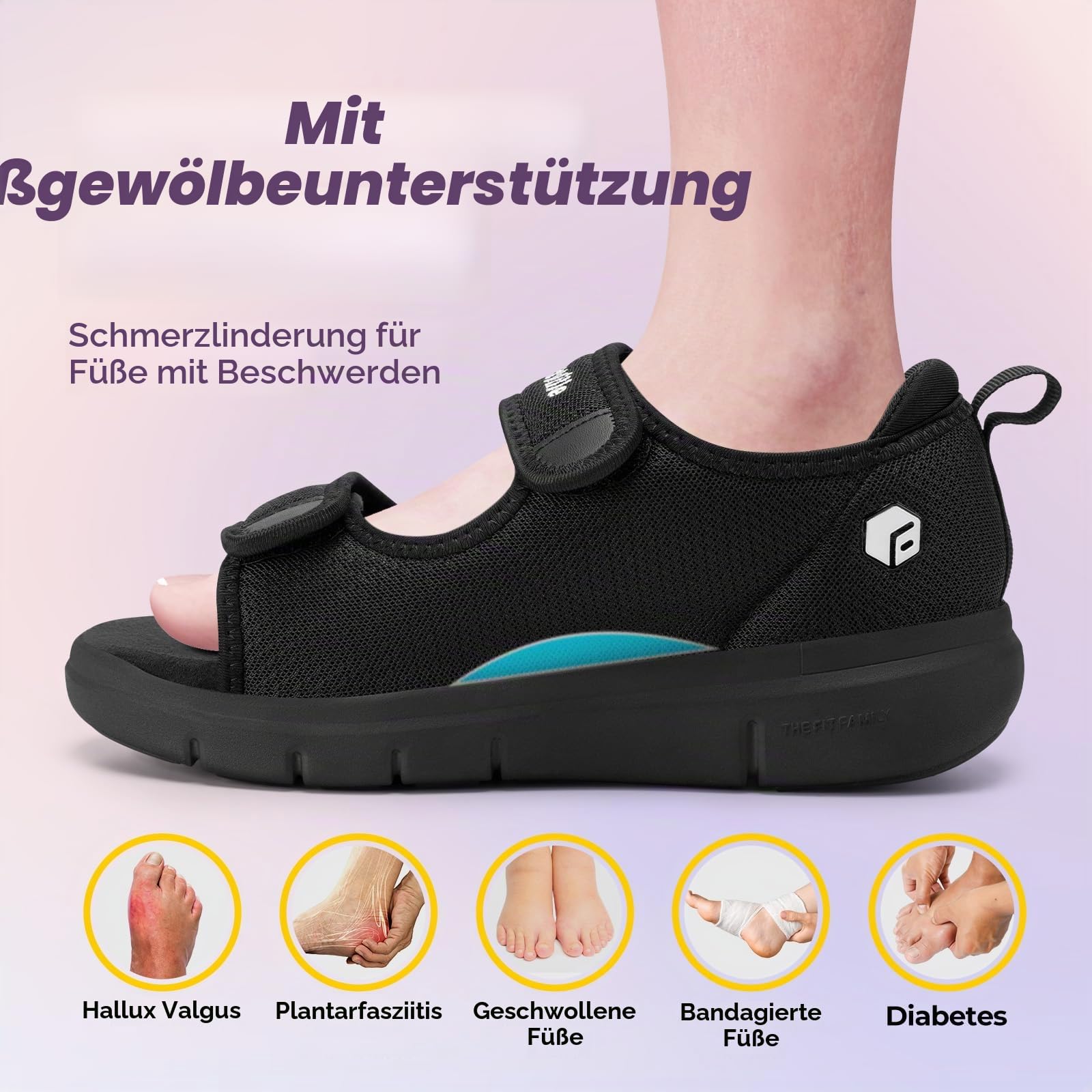 FitVille Weit Offene Diabetiker Sandalen Damen Orthopädische mit Klettverschluss Verstellbare Gesundheitsschuhe Verbandschuhe bei geschwollene Füße Reha-Schuhe Ödeme Hausschuhe