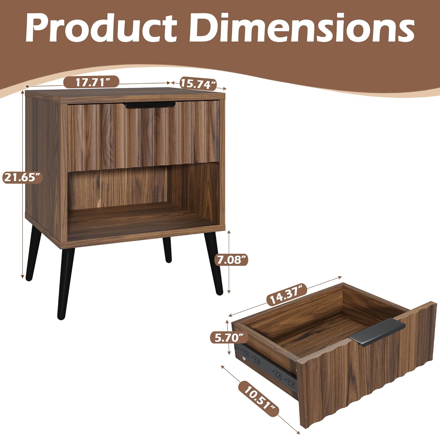 JOMEED Fluted Nightstand Set of 2 with 2 Drawers & Adjustable Shelf, Multi-use Bedside Table for Bedroom, 15.74" D x 17.71" W x 21.65" H, Walnut