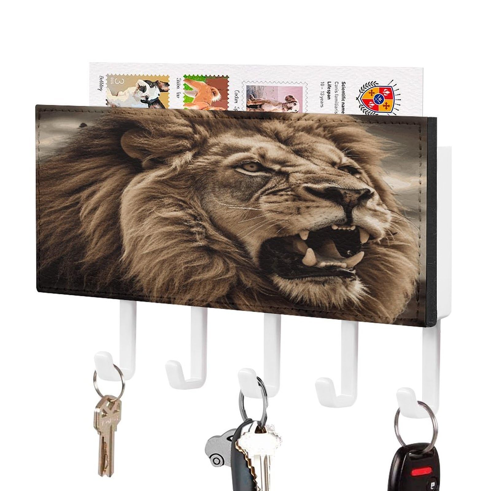 Vstadank White-Style Angry Lion Key Holder For Wall Mount With 5 Hooks Decorative Key And Mail Holder Farmhouse Wall Hooks With Shelf Pu Leather Key Rack With Mail Holders For Entryway Home