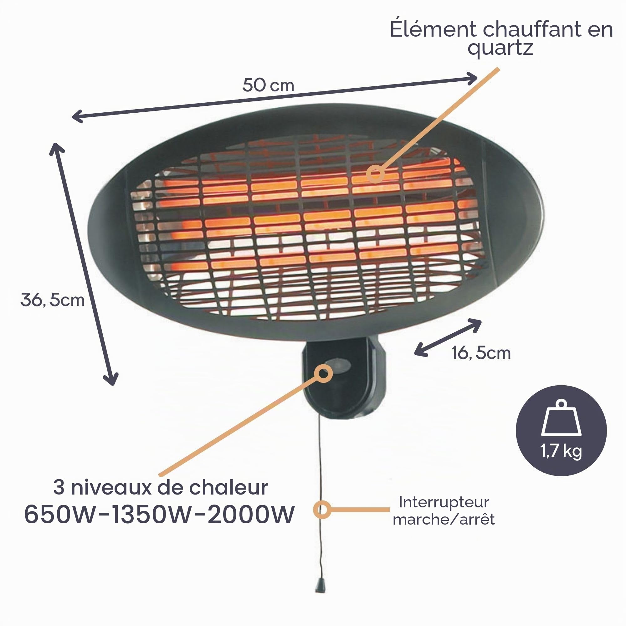 Perel Chauffage de terrasse 2000 W quartz montage mural résistant aux projections d'eau 3 niveaux de chauffe noir