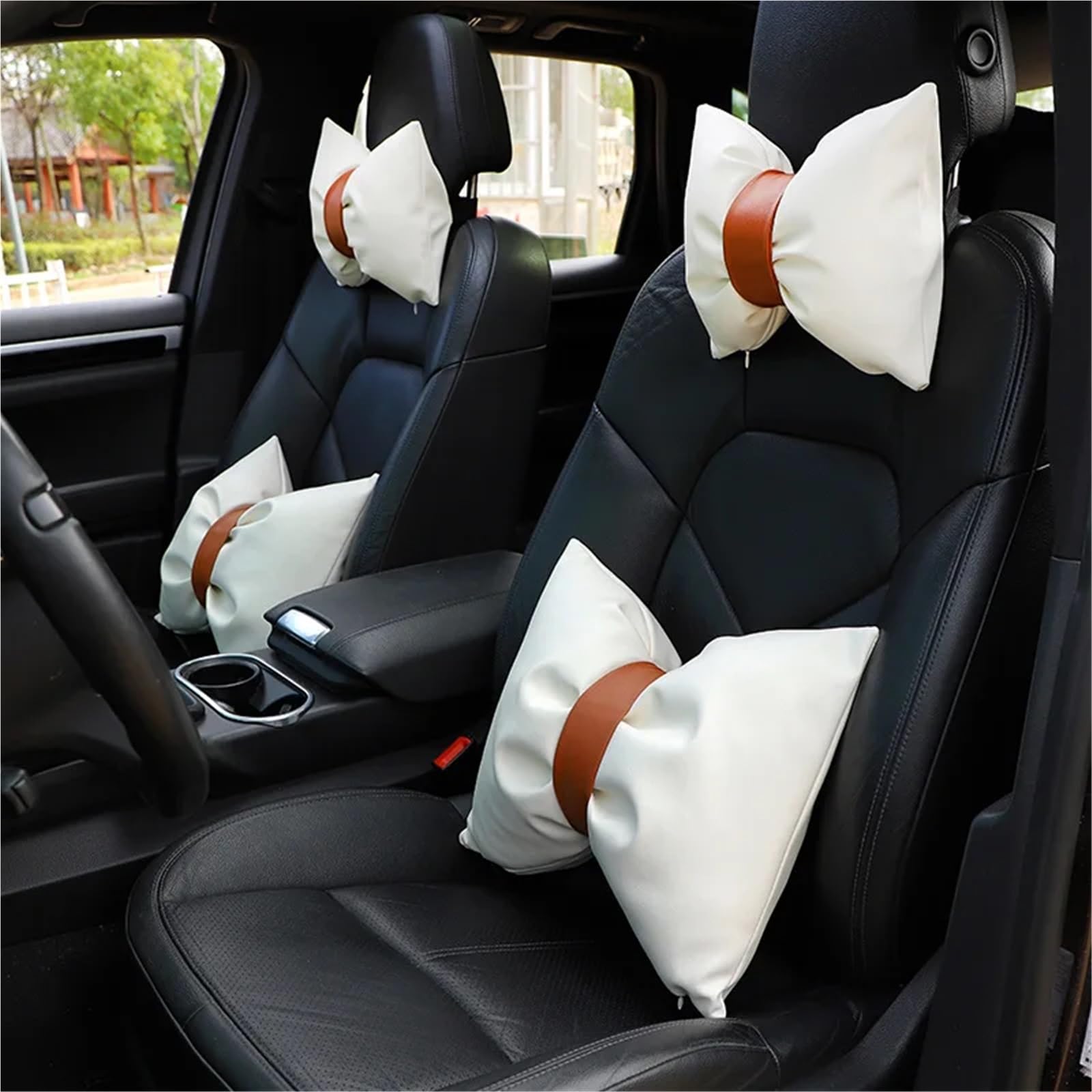 Car Pillow Driving Seat Cuscino poggiatesta in pelle per auto, cuscino per la vita, grazioso cuscino per lo schienale con fiocco, comodo cuscino per il collo(E)