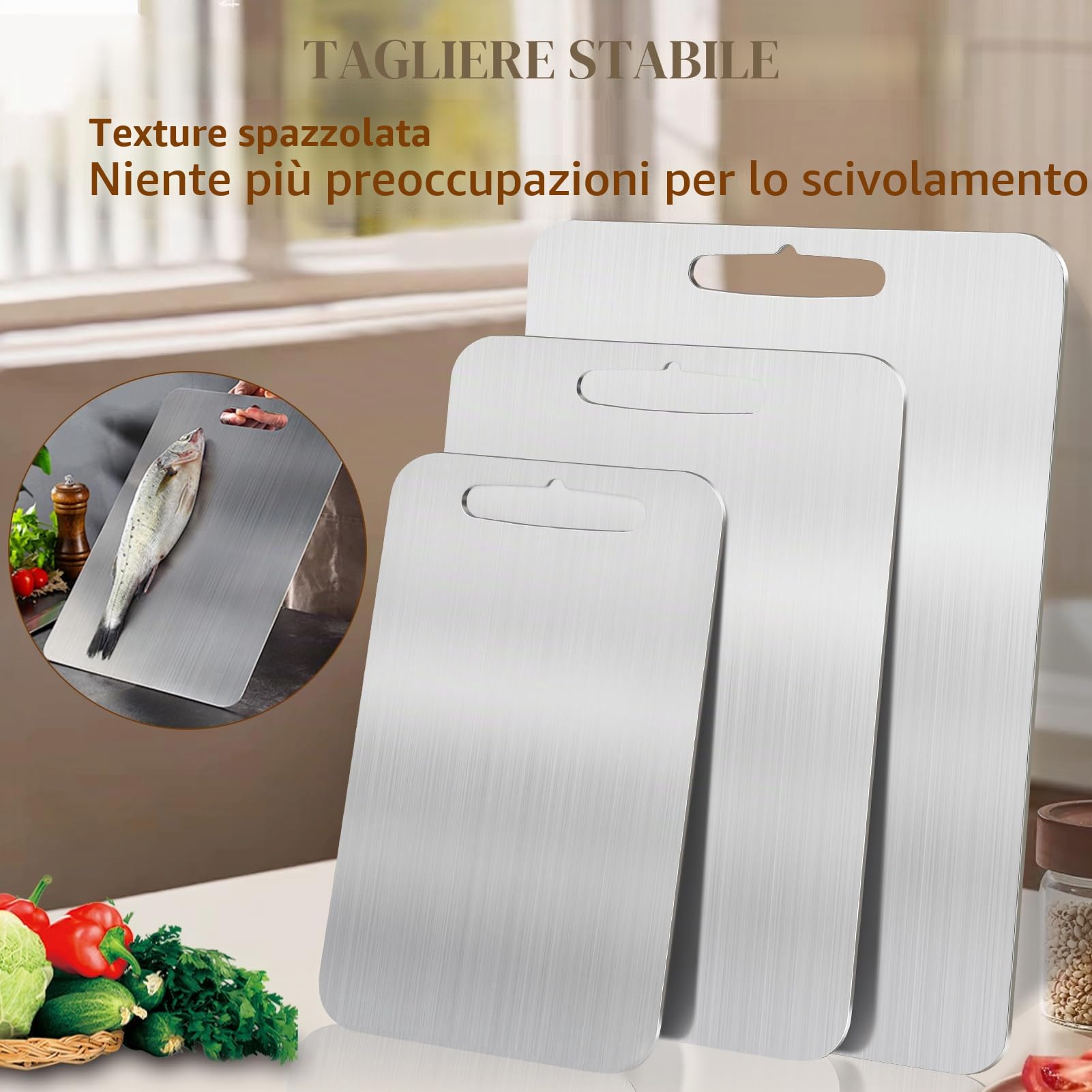 Set di tre taglieri bifacciali, in acciaio inox, tagliere in acciaio inox 304 per verdure, carne e frutta (L)