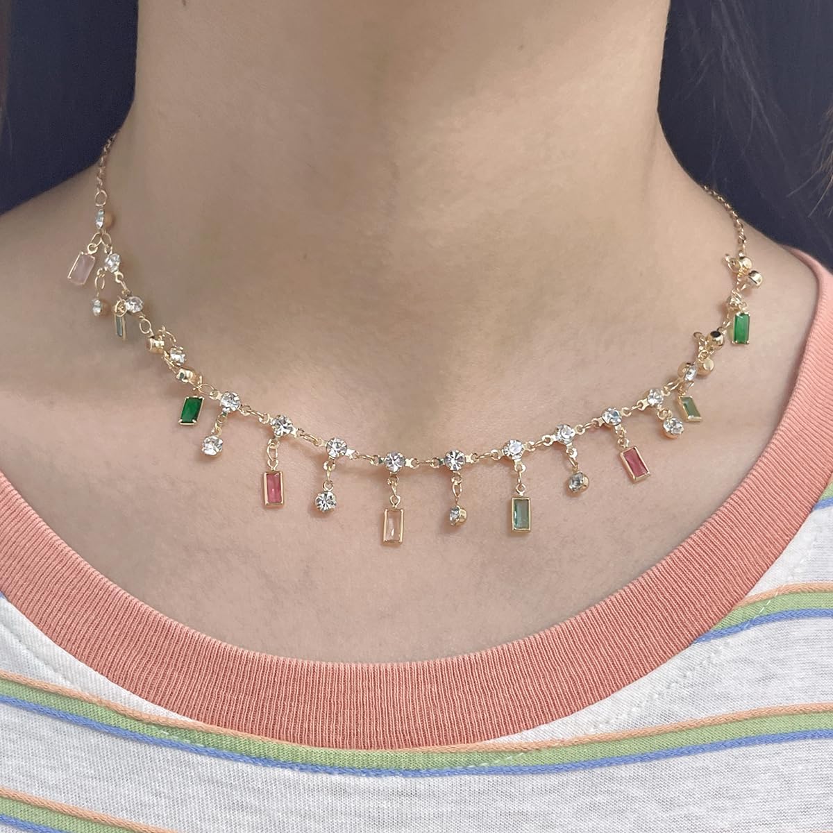 Dainty Cubic Zirconia Charm Choker Necklace for Women Rainbow with Multi-color Rectangle Dimond Round Solitaire Dangling Adjustable Chain Necklaces Gorgeous Jewelry Gifts Birthday - Image 2