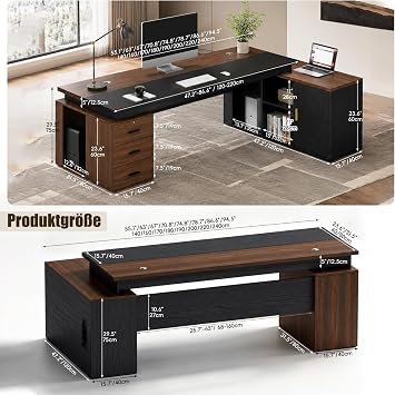 L-shaped Executive Desk with Storage Cabinet and 3 Drawers Cable Management CPU Compartment and Shelves Modern Corner Desk for Office and Home Office
