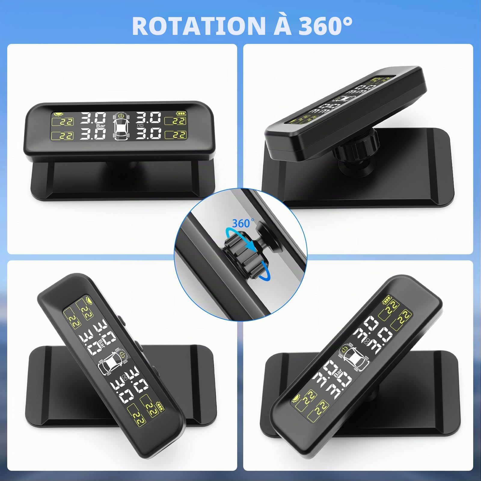 Geloo TPMS Système de contrôle de Pression des pneus Solaire Universel 5 Modes d'alarme de Pression des pneus avec capteur de Pression des pneus Externe 22-87 psi/5bar pour Camper Voiture, SUV