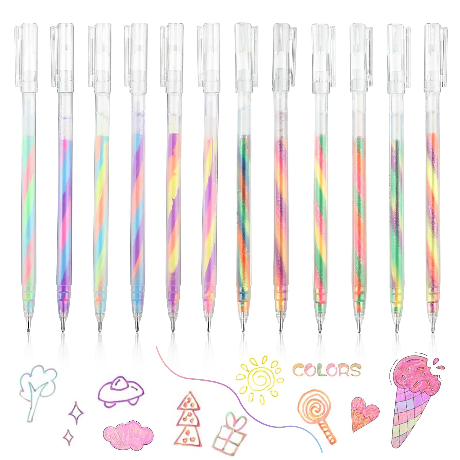 12 Kawaii Rainbow Glitter Gel Pens - Mixed Color Ballpoint Pens for Adults - Scrapbooking & Drawing