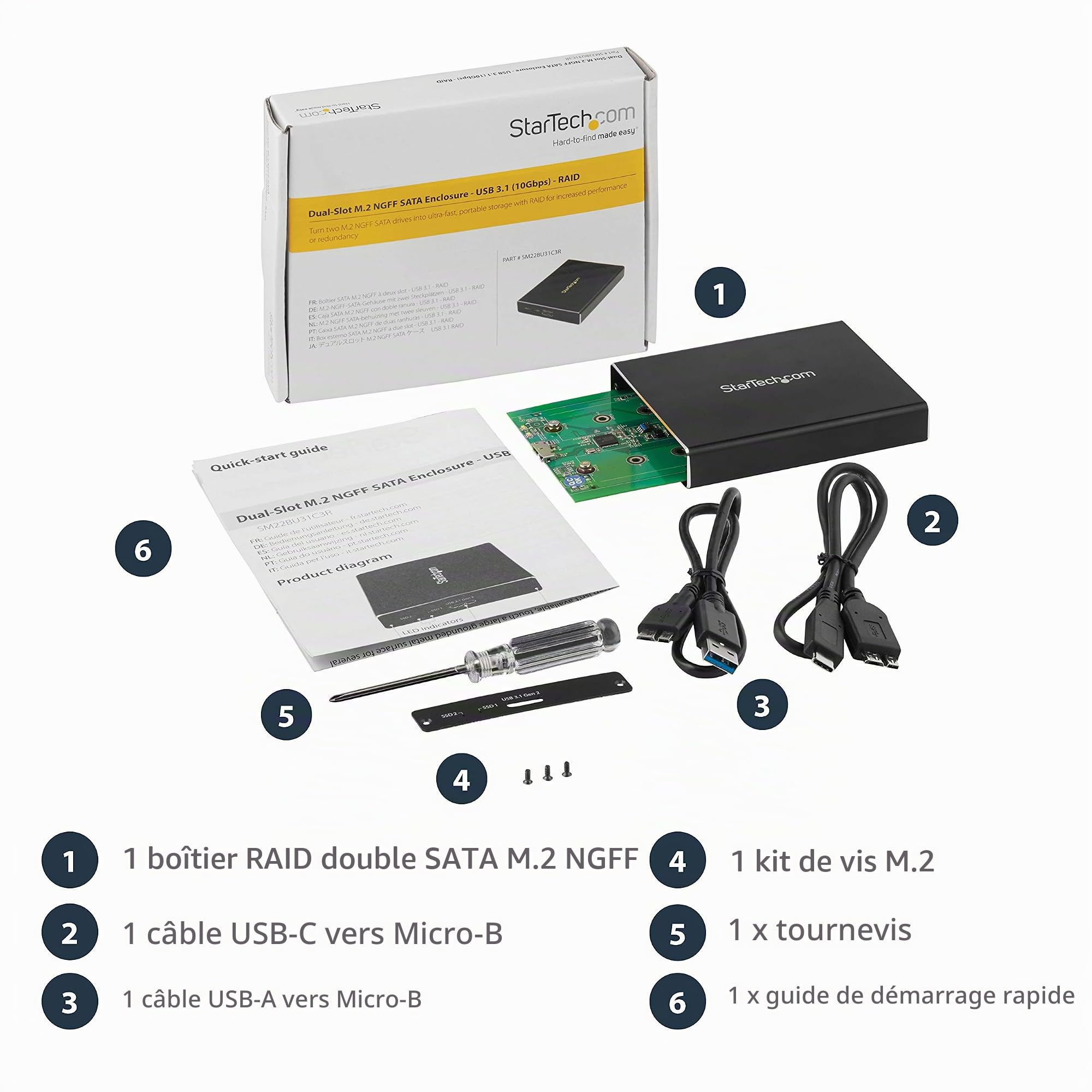 StarTech Boîtier RAID M.2 SATA Double Slot, USB 3.1 10Gbps (SM22BU31C3R) | Boîtier externe, RAID 0/1/SPAN/JBOD, Câbles USB-C et USB-A, dock