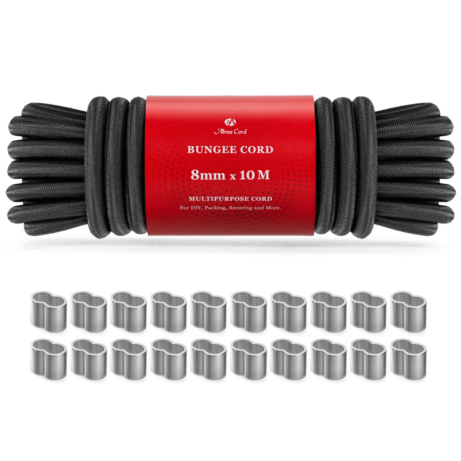 Abma Cord Bungee Cord 8mm 10M Elastic Shock Cord with 20Pcs Crimping Loop Sleeves for Trailer, Tarpaulin, Camping, Tent Pole, Kayak - Black
