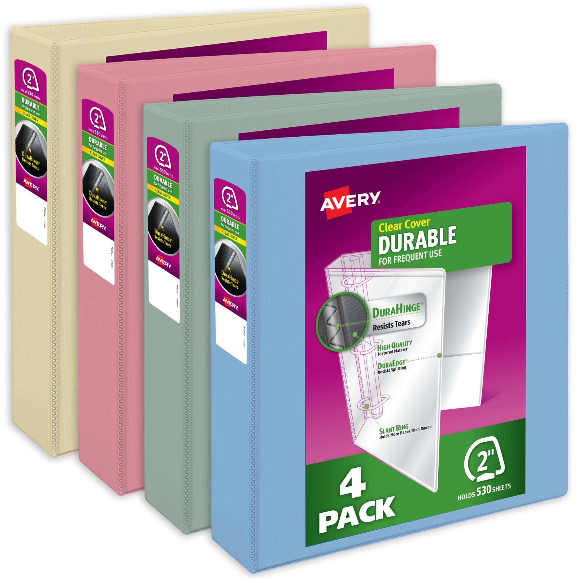 Avery Durable View 05636 Raccoglitori a 3 anelli, anelli obliqui da 5 cm, capacità 530 fogli, DuraHinge, dorso largo 7,1 cm, copertina trasparente e dorso personalizzabili, colori pastello (confezione