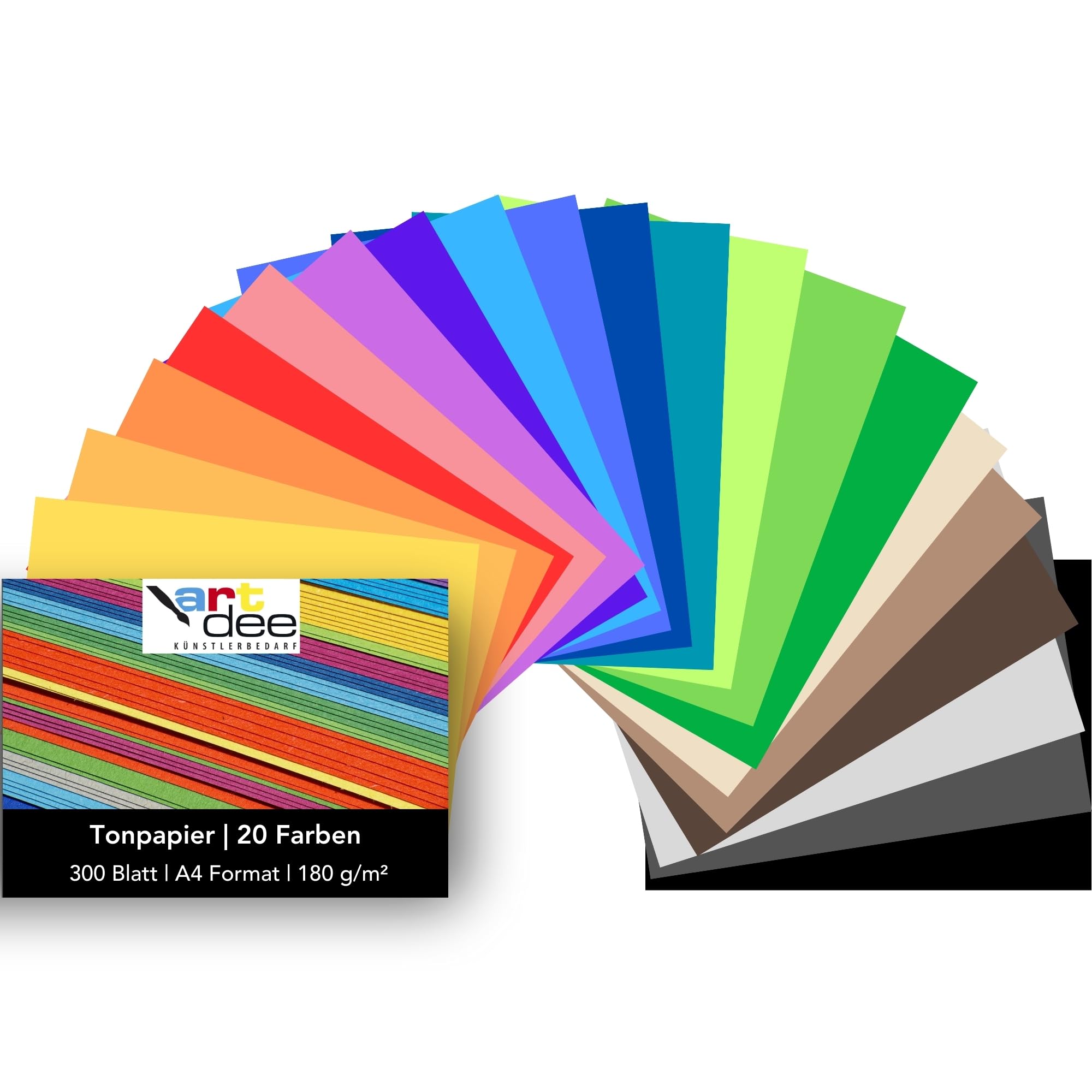 artdee® Tonpapier bunt in 20 verschiedenen Farben 180 g/m² – Bastelpapier Set (300 Blatt gemischt in DIN A3) – Buntes Papier zum Basteln – Bastelpapier bunt für Kinder und Erwachsene