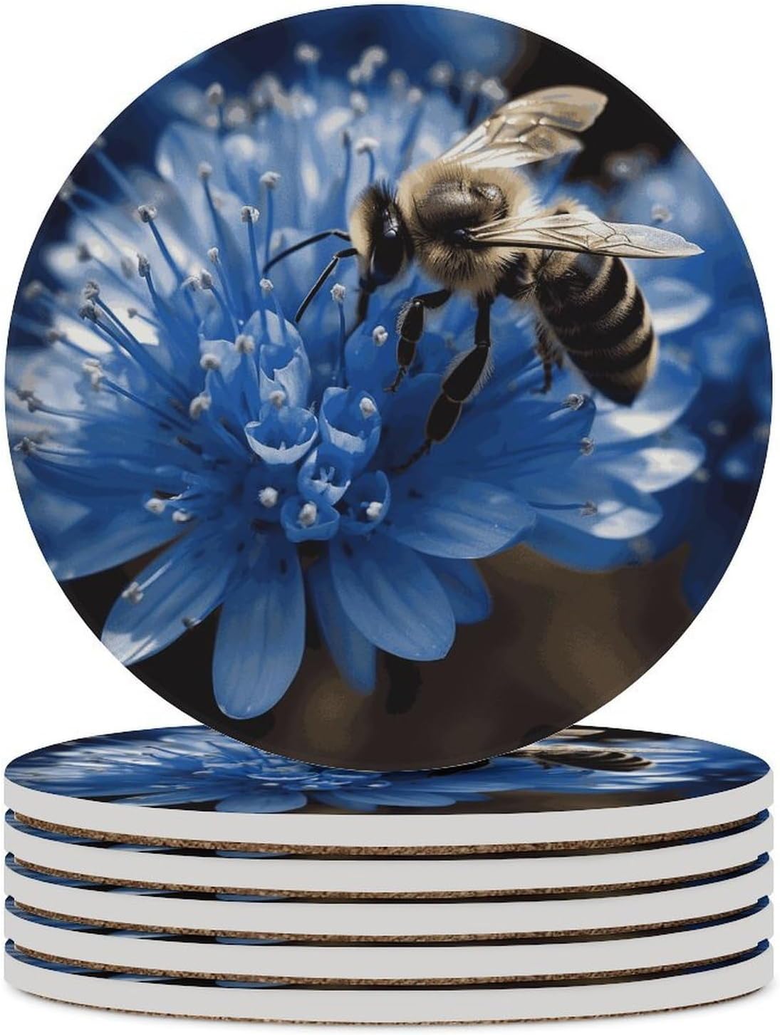 Blue Flower Bee Coasters for Drinks Absorbing Round Ceramic Stone Coaster with Cork Base Coffee Cup Beverage Table Cup Mat Modern Style Bar Coaster Set for Home Decor