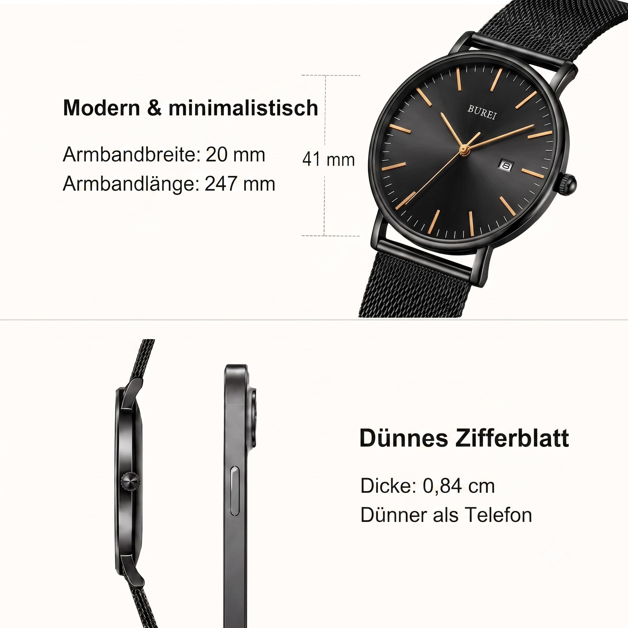 BUREI Herren Uhren Ultra Dünne Minimalistische Quarzuhr mit Datumsanzeige für Damen und Herren Classic Design