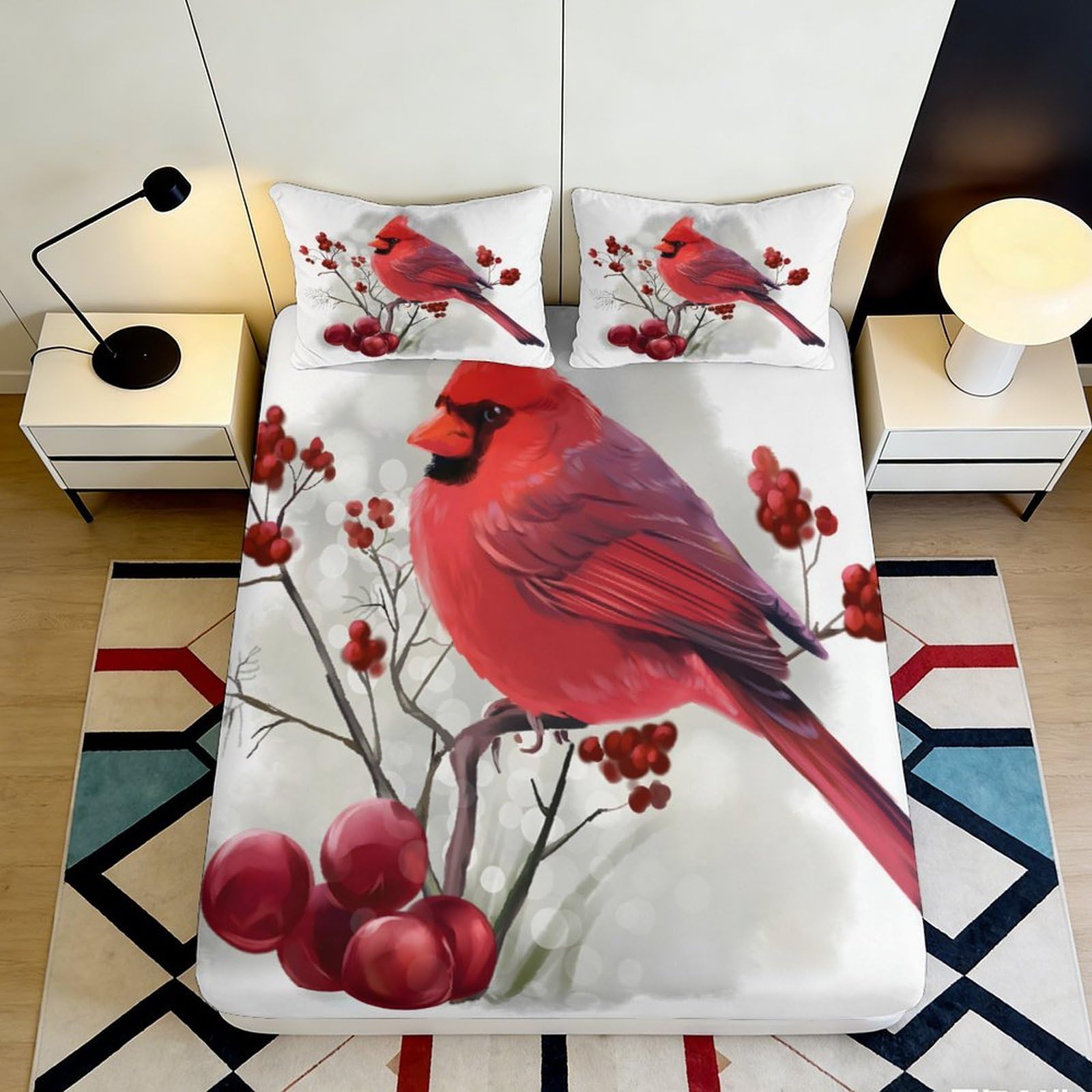 3D Printed Red Cardinal Bird Fitted Sheet Microfiber Soft Breathable Berry Branch Bed Cover for Bedroom Decor 120x200x25cm